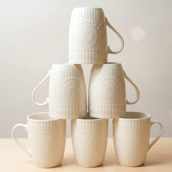 Six White Ceramic Mugs