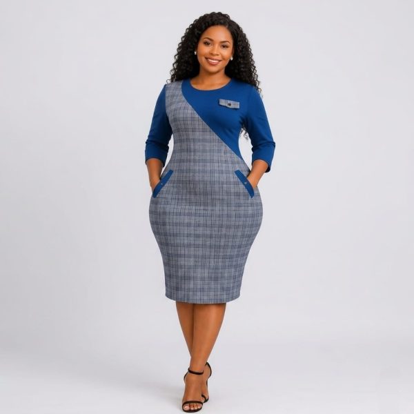 Two-Tone Plaid Patchwork Midi Dress